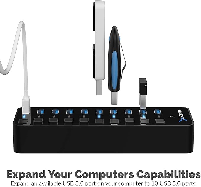 SABRENT 10-Port 60W USB 3.0 Hub with Individual Power Switches and LEDs, Includes 60W 12V/5A Power Adapter (HB-BU10)