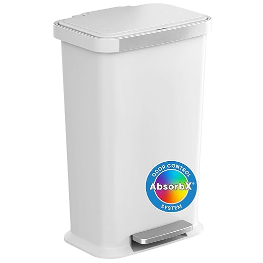 iTouchless SoftStep 13.2 Gal / 50L Step Pedal Kitchen Trash Can with Odor Filter, Durable Dent-Proof Construction and Stainless Steel Trim, Garbage Bin with Lid for Home Office, Bedroom, White Plastic