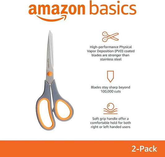 Amazon Basics Stainless Steel Scissors for Office, Crafts, Multipurpose, Sharp, Comfort Grip, PVD Coated, 2 Pack, Green and Grey