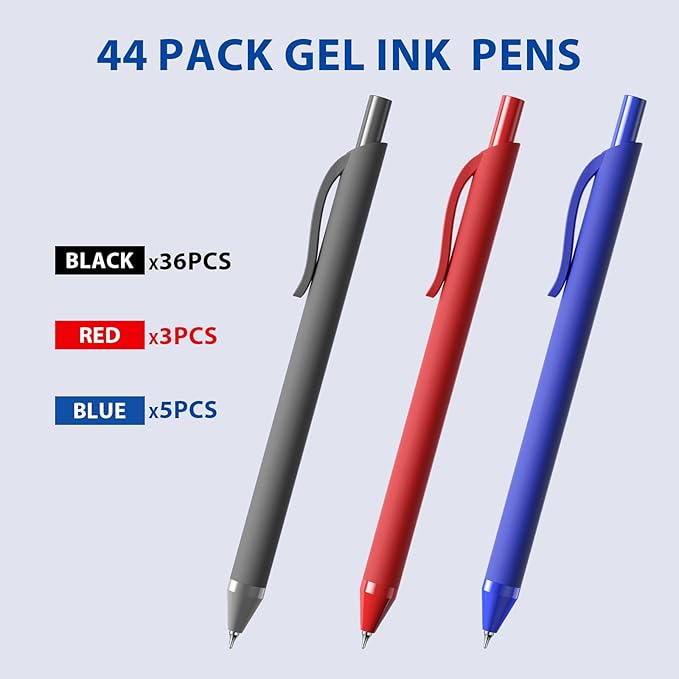 44 Pack Gel Pens Bulk, Black Gel Ink Pens, (0.7 mm) Fine Point Point Pen, Retractable Smooth Writing Pen for Journal Writing,Home Office School Supplies (Black, Red,Blue ink)