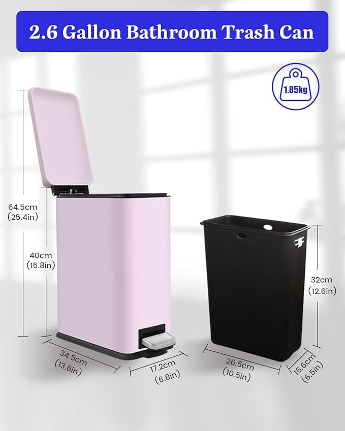 Bathroom Trash Can with Lid, 2.6 Gallon Stainless Steel Slim Garbage Can, Pedal Trash Bin with Removable Liner Bucket, 10L Rectangle Trash Bin for Bedroom, Kitchen, Office (Pink)