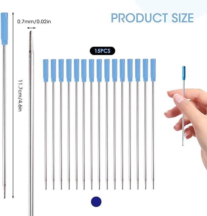 0.7 mm Ballpoint Ink Twist Pen Refills, 15 Pcs Medium Point Metal Smooth Writing Replaceable Ink Refill, Stationery Compatible for Cross Ballpoint Replacement (4.6in M) (Blue, 15)