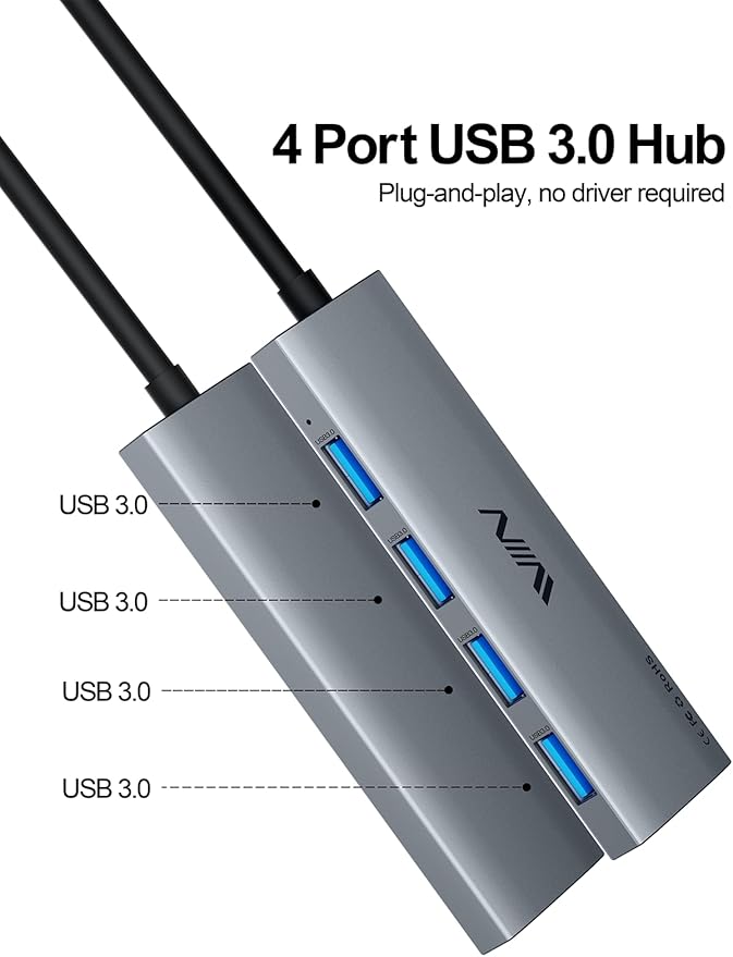 USB 3.0 Hub,4 Port USB Splitter Extender Portable Adapter Multiport Data Hub for Laptop,Xbox, Flash Drive,HDD,Console,Camera,Keyborad,Mouse Windows,Mac OS PC,Not Designed to Charge Devices-Grey