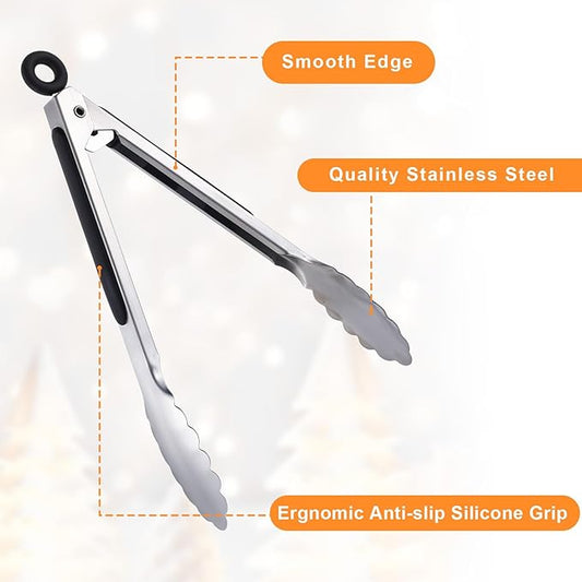 12 Pcs Stainless Steel Serving Tongs for Cooking, 7" 9" 12" Heavy Duty Metal Lockable Kitchen Salad Tongs Small Grill Tong for Food, BBQ, Toaster, Non-slip Grip