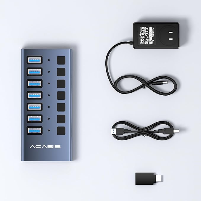 Powered USB 3.1 Hub, ACASIS 7 Ports USB 3.1 Hub with 10Gbps Data Speed，Aluminum Housing, USB Hub Powered with 24W Power Adapter, USB Hub for PC/Laptop, Computer, Flash Drive, Printer, Camera