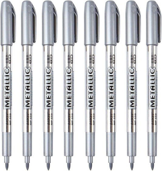 MYARTOOL Metallic Marker Pens, Silver Metallic Permanent Markers for Artist Illustration, Crafts, Gift Card Making, Scrapbooking, Fabric, DIY Photo Album, Value Set of 8