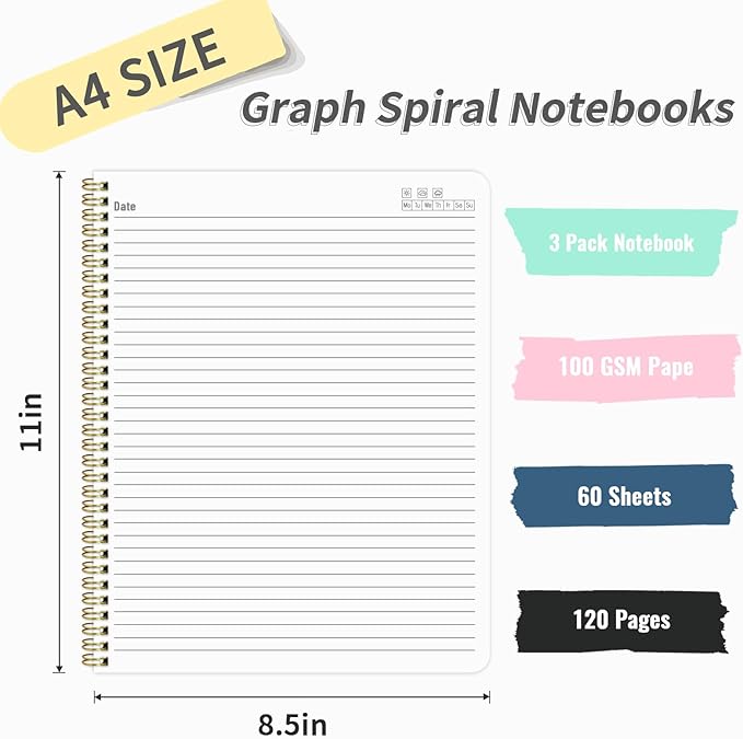 Spiral Notebook 8.5" x 11", A4 Lined Green Hardcover College Ruled Notebook for Work, 120 Pages 100GSM Large Thick Spiral Writing Journal for Women & Men