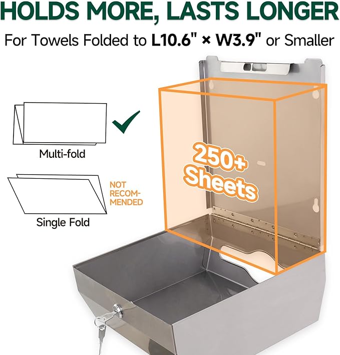 Wall Mount Paper Towel Dispenser 250-Sheet Capacity Brushed Stainless Steel Lockable Fits Multifold/Z-Fold Towels (Folded Size ≤ 10.6" x 3.9")