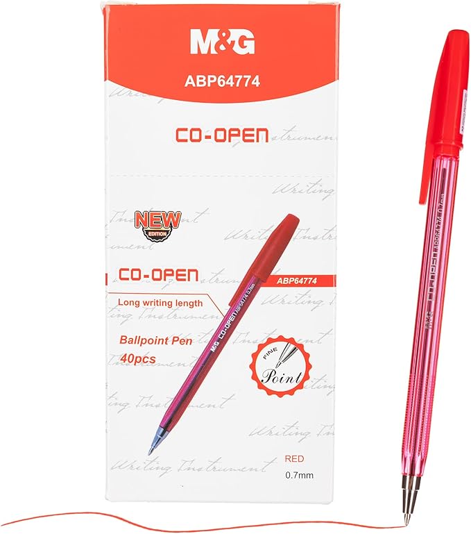 M&G Ballpoint Pens, Red Ink Ballpoint Pens Fine Point 0.7mm, Ball Point Pens Bulk Smooth Writing with Anti-Slip Grip & Plug-In Cover for Journaling Office Supplies School Women Men (40 Pack)