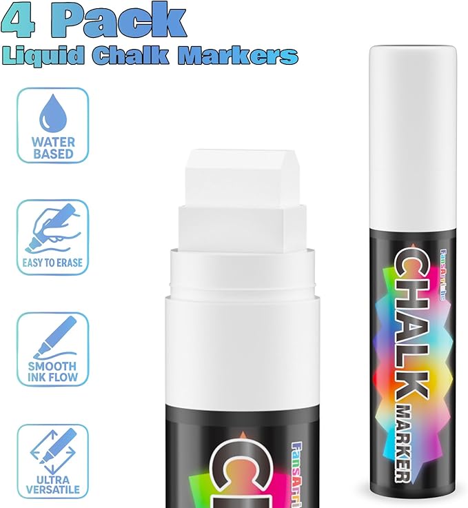 FansArriche White Chalk Markers, 15mm Jumbo Car Window Markers for Glass Washable, 4 Pack Liquid Chalk Marker Erasable for Chalkboard, Blackboard