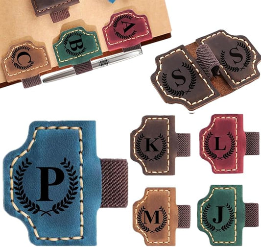 Custom Bookmark with Pen Holder with 26 Letters Personalized Magnetic Leather Book Mark, Customized Name Book Marker Clip with Initial for Men Women, Gifts for Book Lovers, Readers, (Blue, P)