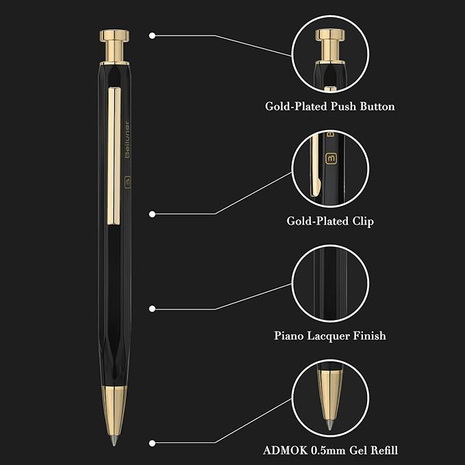 BEILUNER 312 Metal Gel Pen 0.5mm, Hexagonal Design, Black Piano Lacquer with 24K Gold Plated Accents, Includes One Refill, Professional Gel Pen Gift Box Set