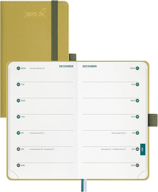 BEZEND Pocket Planner 2025-2026 Weekly with 2 Columns, 18-Month Academic Calendar (Jul 25-Dec 26), Life Work Appointment, Storage Pocket, Pen Holder, PU Leather Hardcover 3.5" x 6" - Mustard