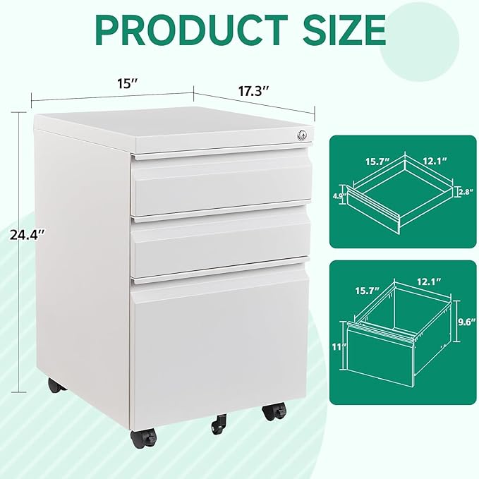 Letaya 3 Drawer Mobile File Cabinet with Lock, Under Desk Metal Rolling Filing Cabinets for Home Office Organizer Letters/Legal/A4 (White- Requires Installation) (White)