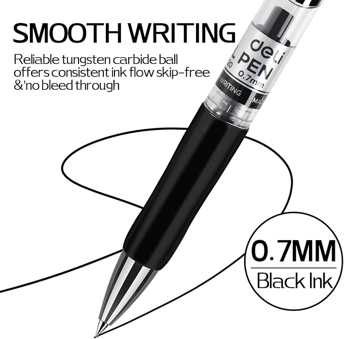 deli Gel Pens, 36 Pcs Retractable Black Ink, 12 Pens with 24 Refills，Medium Point Pen 0.7mm, Smooth Writing, Fast Dry, No Bleed for Journaling Note Taking, Home School Office Supplies