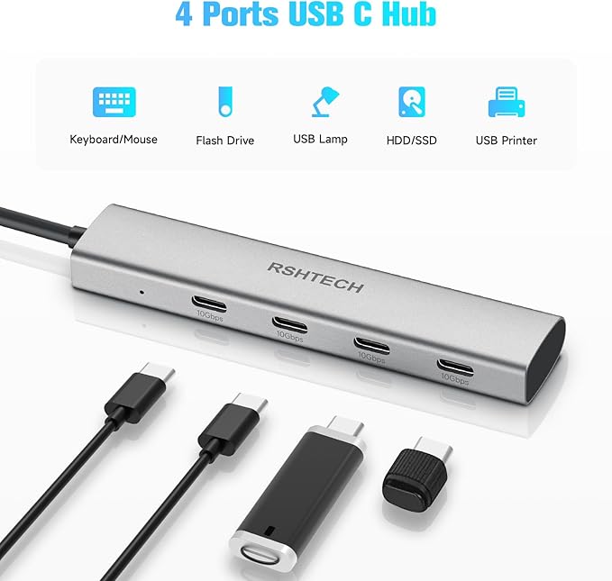 USB C Hub 10Gbps RSHTECH 4-Port USB C to USB-C 3.2 Gen 2 Dongle, Portable USB C Multiport Adapter for Thunderbolt/Type C Laptop and More, Gray (RX04)