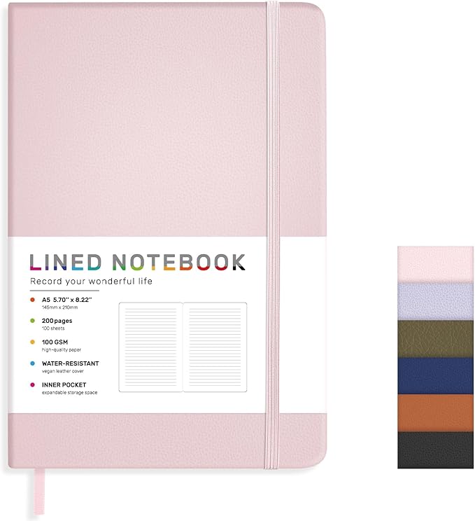 Lined Journal Notebook for Women Men, 200 Pages A5 Hardcover Leather Journals for Writing,Travel,School,Office,Work,Business,College Ruled Notebooks for Note Taking, Diary Notepad 5.7"×8.3"(Pink)
