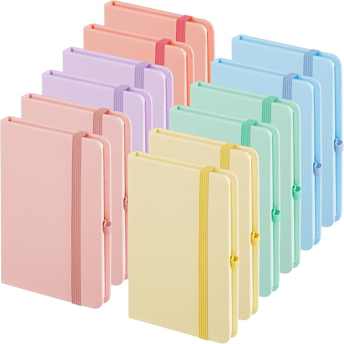 Laumoi 12 Pieces Small Notebooks A6 Pocket Journals 3.5 x 5.5 Inch Small Leather Notebook Mini Ruled Lined Journal with Elastic Band Pen Holder Page Marker Ribbons (Macaron Colors)