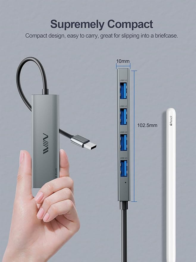 USB 3.0 Hub,4 Port USB Splitter Extender Portable Adapter Multiport Data Hub for Laptop,Xbox, Flash Drive,HDD,Console,Camera,Keyborad,Mouse Windows,Mac OS PC,Not Designed to Charge Devices-Grey