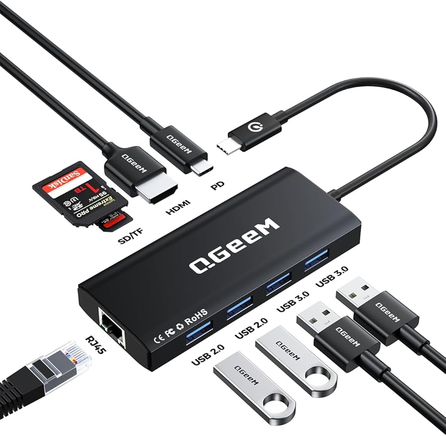 QGeeM USB C Hub Ethernet,9 in 1 USB Type C Hub HDMI Multi-Port Converter Adapter,100W Pd, USB 3.0,SD/TF Card Reader,Compatible for MacBook Pro Air Ipad HP Dell Lenovo Chromebook etc.-Black