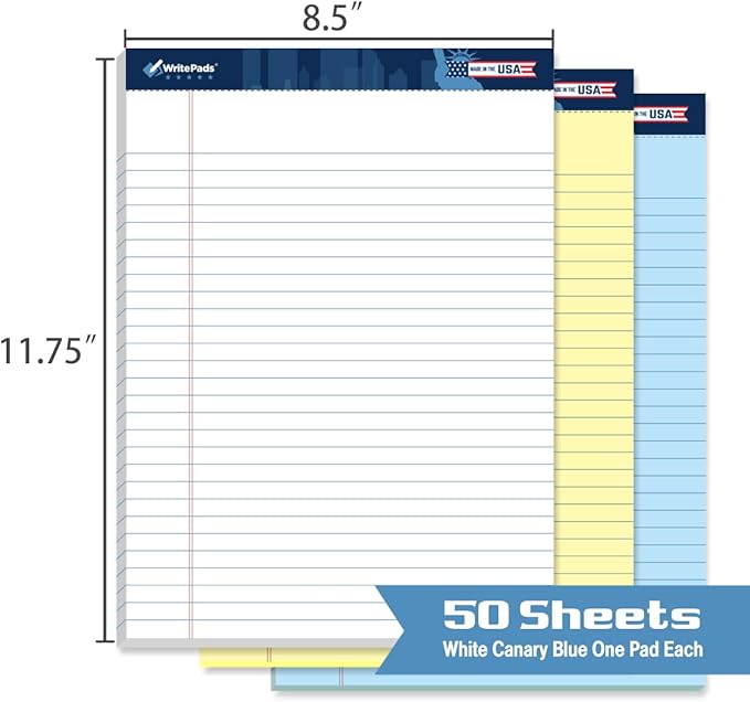KAISA Legal Pads Large Wide Ruled Writing Pad, 8.5"x11.75" Note Pads 50 Sheets Per Pad, Ruled Paper Notepads, 20 lb Heavy Paper, Rigid Back lined Pads,3pads White Canary Blue,BK-3140,Made In The USA