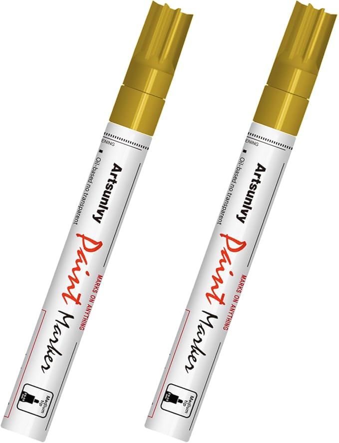 Gold Paint Pens Permanent Markers - 2 Pack Paint Markers for Metal, Rubber,Wood, Rocks, Canvas, Plastic, Dark Surface, Craft Art Supplies, Medium Tip, Quick Dry, Waterproof