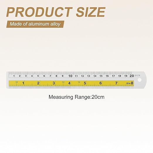 HARFINGTON 6pcs Metal Straight Ruler 20cm Metric SAE Aluminum Alloy Measuring Rulers Scale Tool with Hole for Measure Study Reading Classroom Office, Yellow