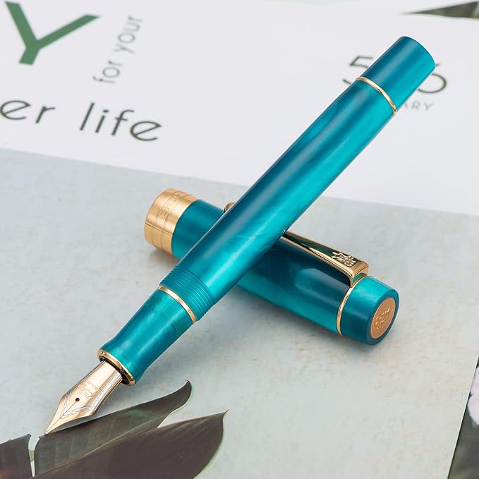 Jinhao 100 Fountain Pen Celluloid Classic Style, #6 Nib Smooth Writing Instrument with Refillable Converter and Pen Case Set
