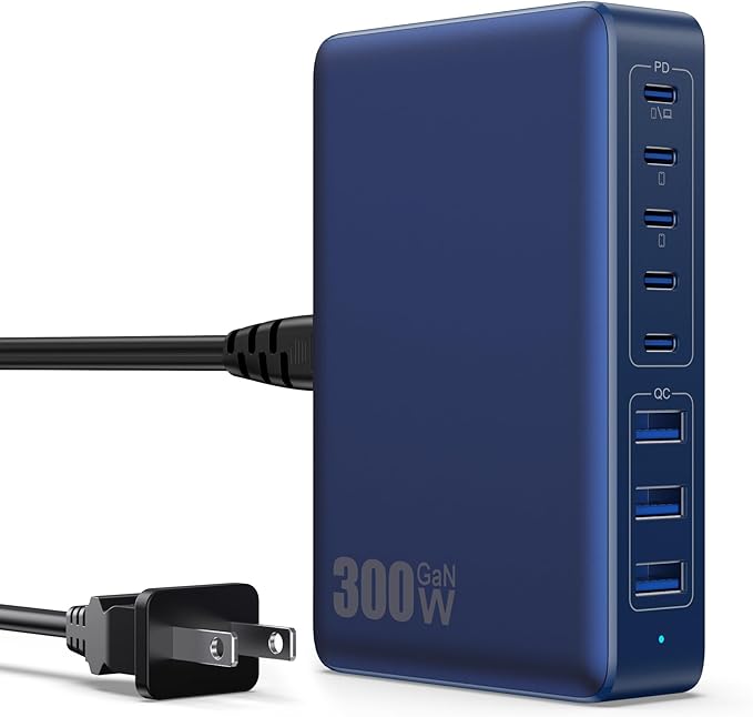 USB C Charger 300W USB C Charger Block 8-Ports GaN IV Fast Charging Station,PD 100W Laptop Charging Hub Wall Charge Adapter Compatible with MacBook/Air,DELL,Steam Desk,iPhone 16/15/14,Galaxy