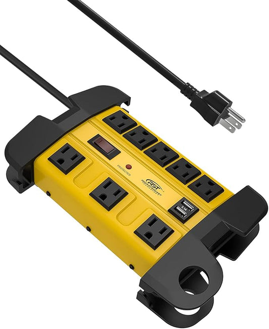 Heavy Duty Surge Protector Power Strip with 2 USB Ports, CRST 8-Outlet Metal Industrial Power Block with 15A Circuit Breaker, 6ft Extension Cord, 1350 Joules for Workshop, Garage, Office, Shop…