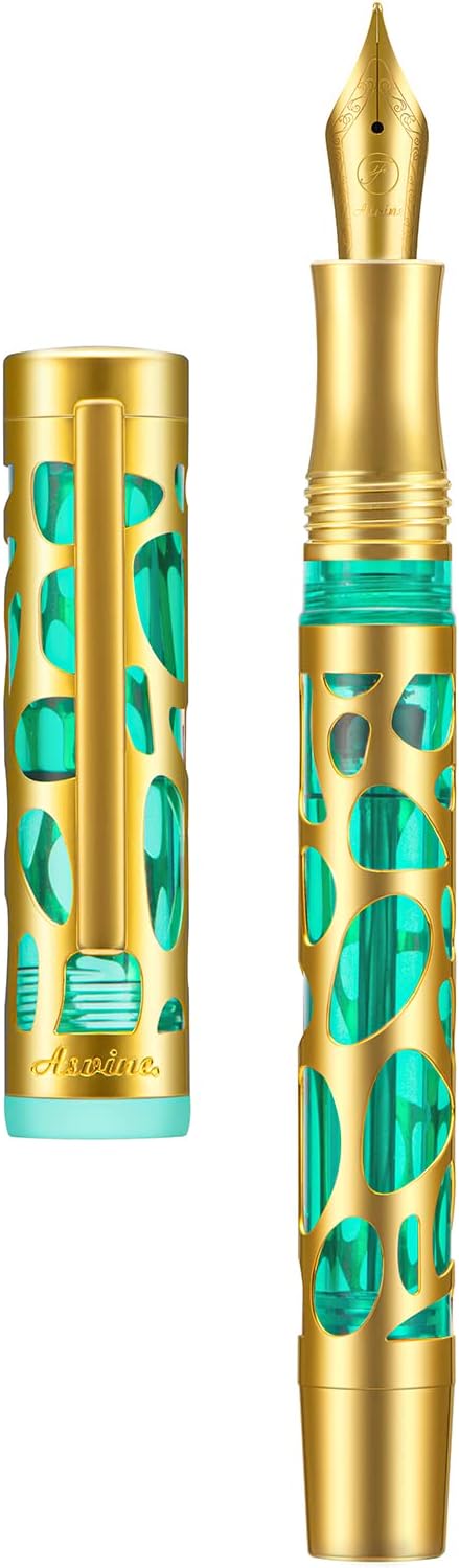 Asvine V169 Vacuum Filling Fountain Pen Iridium Fine Nib, Water Drop Skeleton Gold Trim Transparent Green Acrylic Pen Case Set