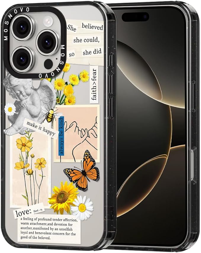 MOSNOVO Case for iPhone 16 Pro, [10ft 4X Military-Grade Drop Protection] Durable & Shockproof Phone Case Cover Design for iPhone 16 Pro - Vintage Collage Art - Clear Black