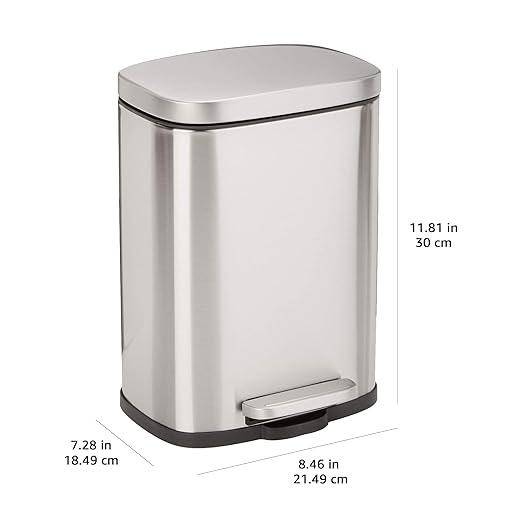Amazon Basics Smudge Resistant Mini Rectangular Trash Can With Soft-Close Foot Pedal, Brushed Stainless Steel, for Bathroom & small space, 5 L /1.32 Gal, Satin Nickel Finish, 7.3x8.5 x11.8 in (LxWxH)