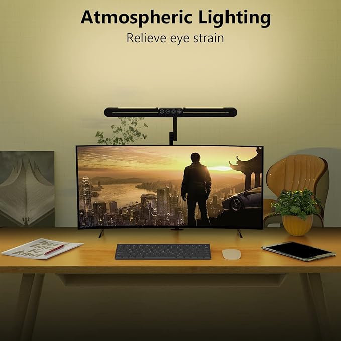 Micomlan Led Desk Lamp with Clamp, Architect Desk Lamp for Home Office with Atmosphere Lighting, 24W Ultra Bright Auto Dimming Computer Light Stepless Dimming and Tempering LED Table Light