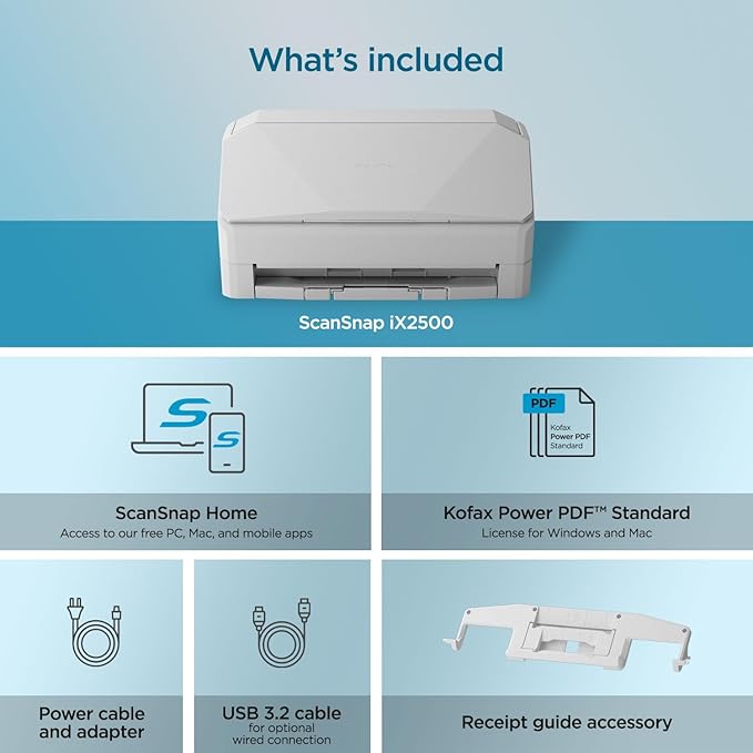 ScanSnap iX2500 Wireless or USB High-Speed Cloud Enabled Document, Photo & Receipt Scanner with Large 5" Touchscreen and 100 Page Auto Document Feeder for Mac or PC, White