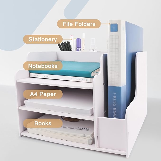 SONGWAY Desk File Organizer and Accessories - 3 Tier Paper Organizer with Horizontal and Vertical File Folder Holders, Paper Letter Tray, Desk Organizers and Storage for Home Office School