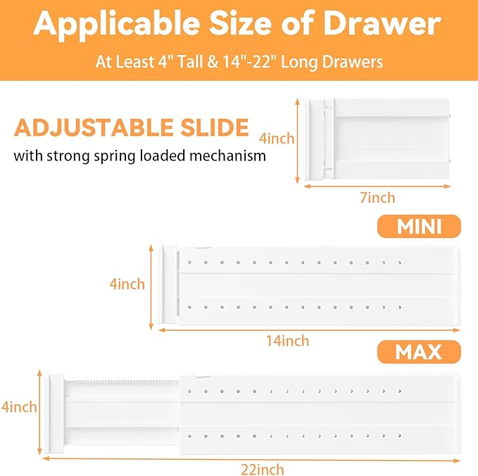 REBECAT 12 Pack Drawer Dividers for Clothes Adjustable 4" High Expandable from 15"-21" Drawer Dividers for Dresser Baby Clothes Bathroom,Bedroom Kitchen and Office Storage，White