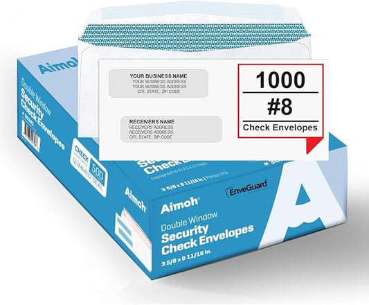 Aimoh 1000#8 Double Window Gummed Security Envelopes - for Business Checks, Size 3 ⅝" x 8 11⁄₁₆", Checks will not move - Not for Invoices, 1000 Count (30181-1000)