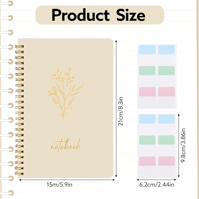3 Pcs Spiral Notebook 5.9x8.3, 140 Pages Small Notebook for Women A5 College Ruled Journals Cute Notebooks with Large Pockets and Index Stickers for Home School Office Use（Green, Beige, Orange）