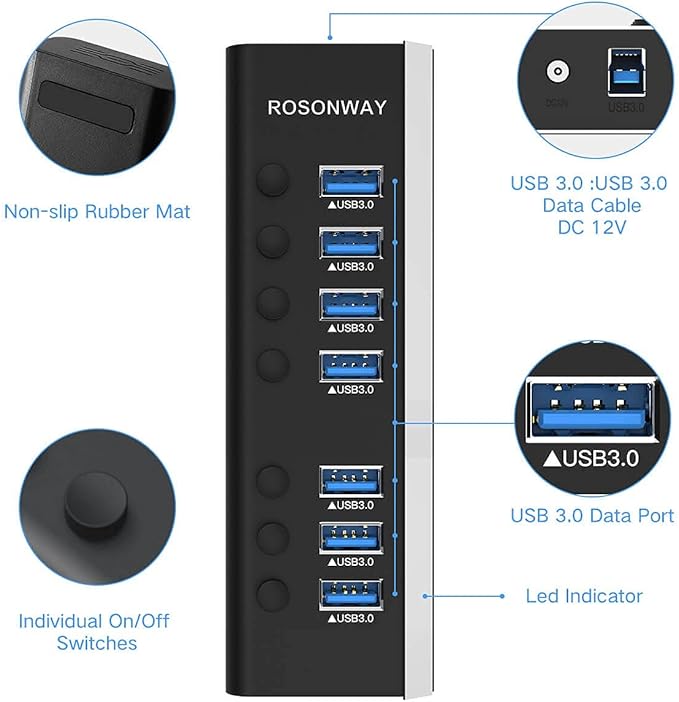 USB Hub 3.0 Powered Rosonway Aluminum 7 Ports USB 3.0 Data Hub Splitter with 24W (12V/2A) Power Adapter and Individual On/Off Switches USB Port Expander for PC and Laptop (RSH-A37S)