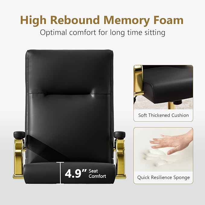 Black and Gold Office Chair Memory Foam, High Back Office Chair with Arms and Wheels, Leather Executive Computer Desk Chair with Back Support for Women Girls and Adults