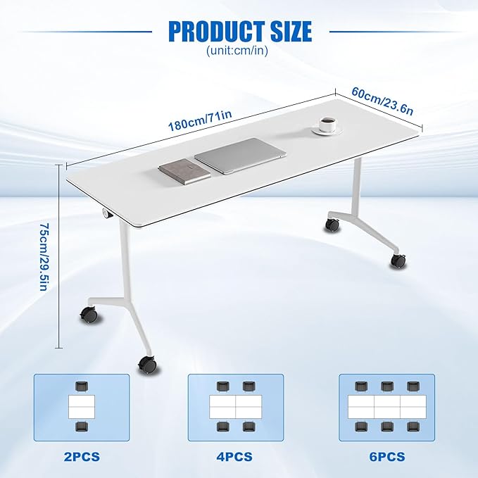 Conference Table, Folding Conference Desk Modern White, Seminar Table with Wheels, 2-10 People for Office, Meeting Break Room (6, 1915, 71IN)