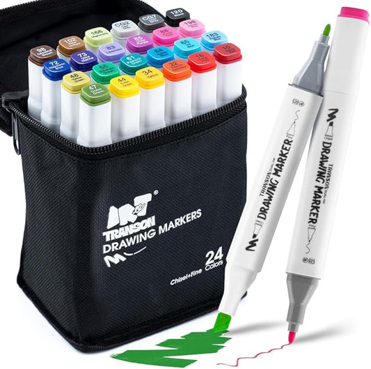 TRANSON Alcohol Markers for Drawing Coloring 24 Colors Dual-tip Fine and Chisel Tips