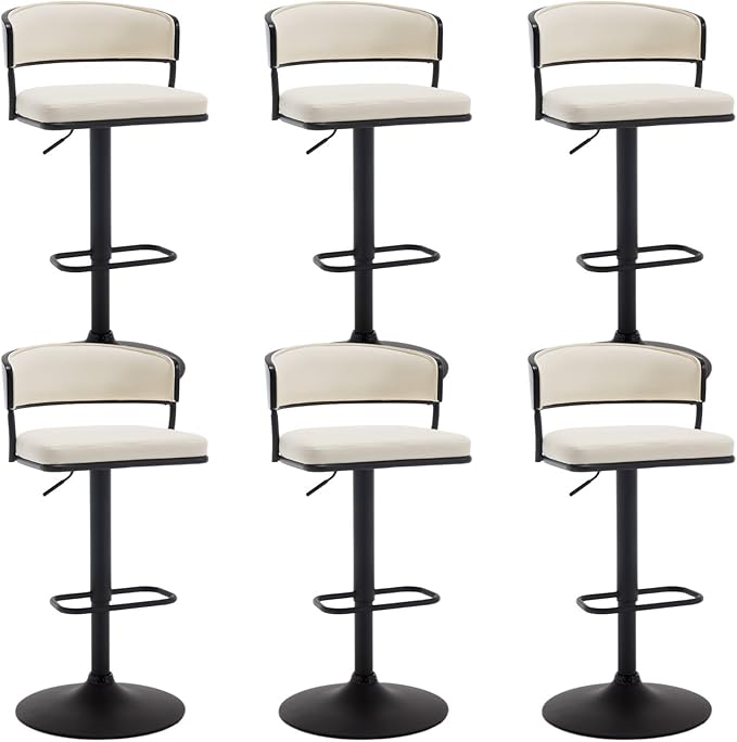 Adjustable Modern Bar Stools Set of 6 Faux Leather Barstools Swivel Counter Height Bar stools with Curved Back/Black Metal Base Comfy Upholstered Bar Chairs for Kitchen Island, Beige