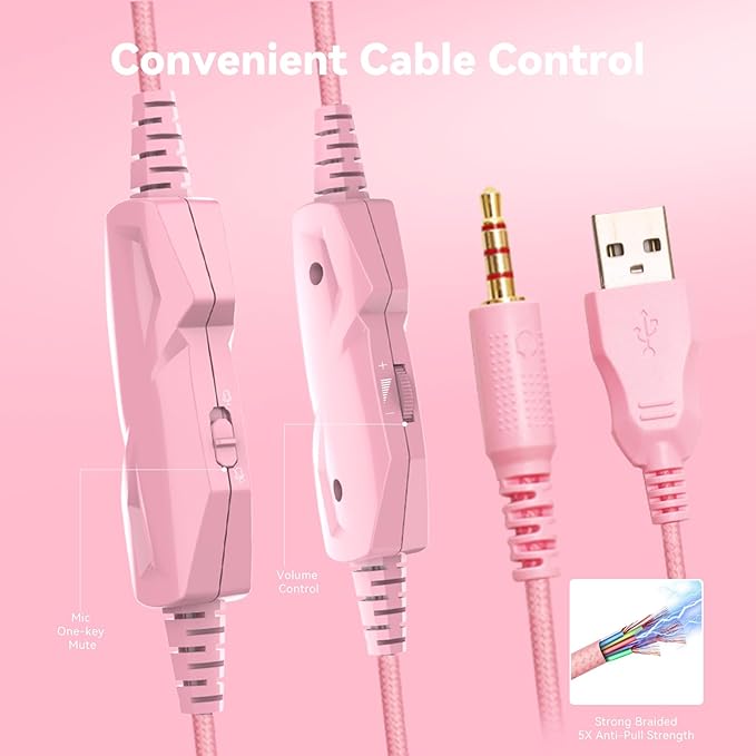 Gaming Headset with Microphone for Pc, Xbox One Series X/s, Ps4, Ps5, Switch, Stereo Wired Noise Cancelling Over-Ear Headphones with Mic, RGB, for Computer, Laptop, Mac, Nintendo, Gamer (Pink)