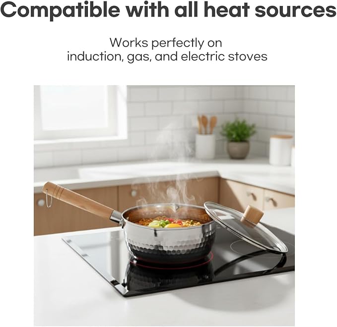 2 Quart Stainless Steel Pot With Glass Lid. Traditional Japanese Saucepan Wth Wood Handle, Multipurpose Sauce Pan With Two Side Pour Spouts & Measurement Line, Great for Ramen, Milk etc.