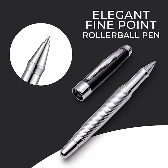ZenZoi Executive Rollerball Pen Elegant Black & Silver. Smooth Writing Fine Point Gel Ink. Luxury Pen for Men or Women. Premium Business Gift Set