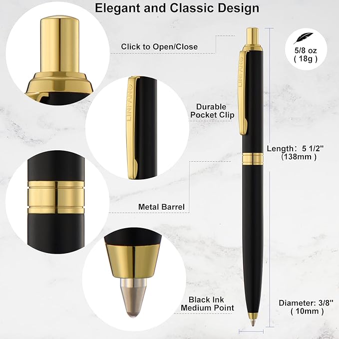 LINFANC 8 Pack Ballpoint Pens, Premium Retractable Metal Ballpoint Pen, Medium Point 1.0mm Black Ink Pen for Home School Work Office Supplies, Matte Black with Gold Trim, Extra 8 Refills