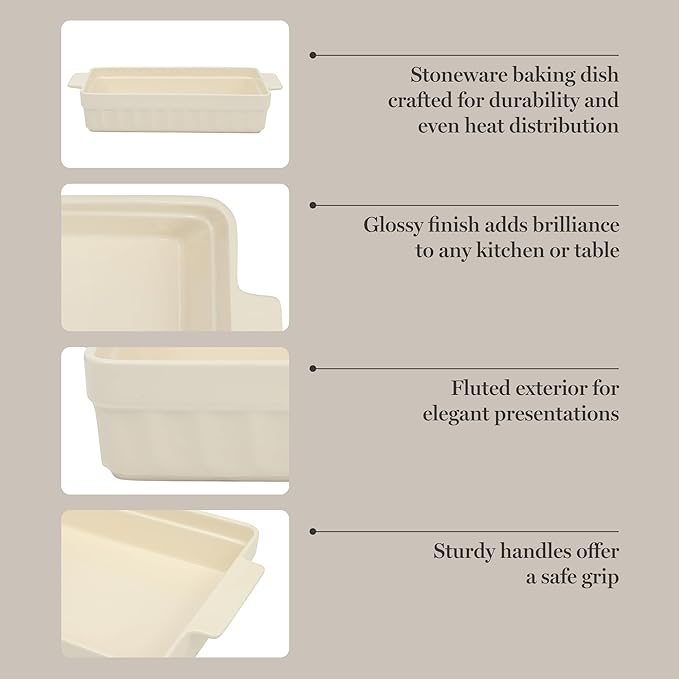 Martha Stewart Broadbrook Ceramic Bakeware, 13x9 Inch Rectangular Baking Dish with Handles, Cream Glazed Stoneware for Casseroles, Lasagna, Roasts & Desserts, Oven & Dishwasher Safe