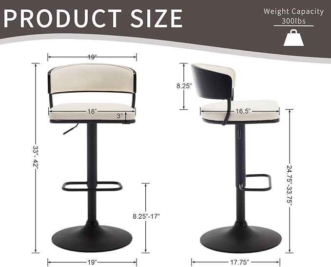 Adjustable Modern Bar Stools Set of 2 Faux Leather Barstools Swivel Counter Height Bar stools with Curved Back/Black Metal Base Comfy Upholstered Bar Chairs for Kitchen Island, Beige